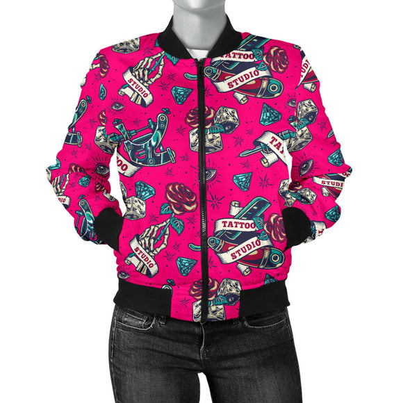 Tattoo Studio Design in Pink With Roses Women's Bomber Jacket
