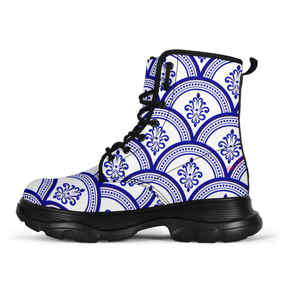 Traditional Blue & White Ornamental Vibes Design Two Chunky Boots