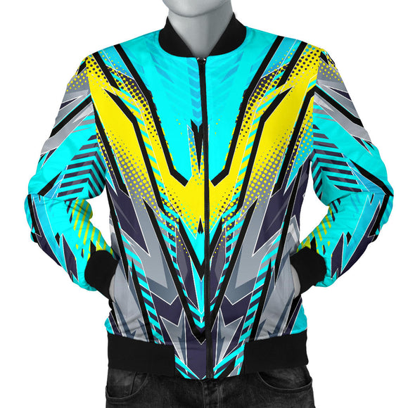 Racing Style Ocean Blue & Yellow & Grey Colorful Vibe Men's Bomber Jacket