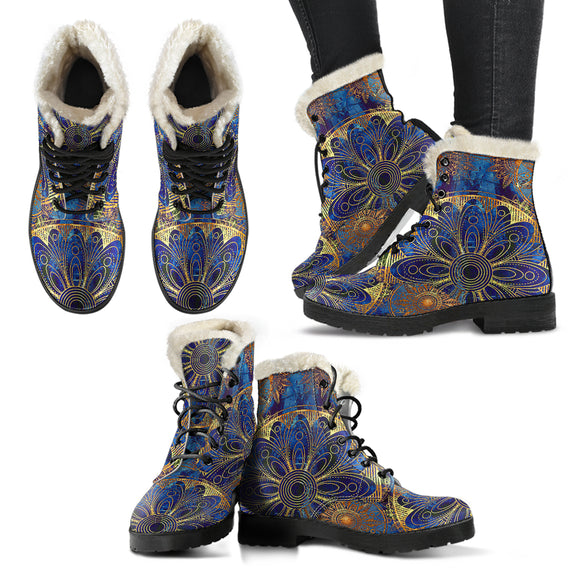 Blue And Gold Bohemian Faux Fur Leather Boots