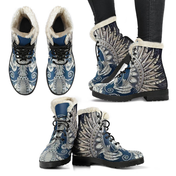 Giant White Phoenix Rising Faux Fur Leather Boots