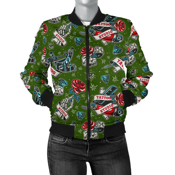 Tattoo Studio Design in Army Green With Roses Women's Bomber Jacket