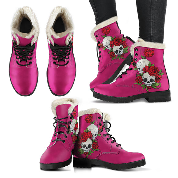 Skull Couple Pink Roses Faux Fur Leather Boots