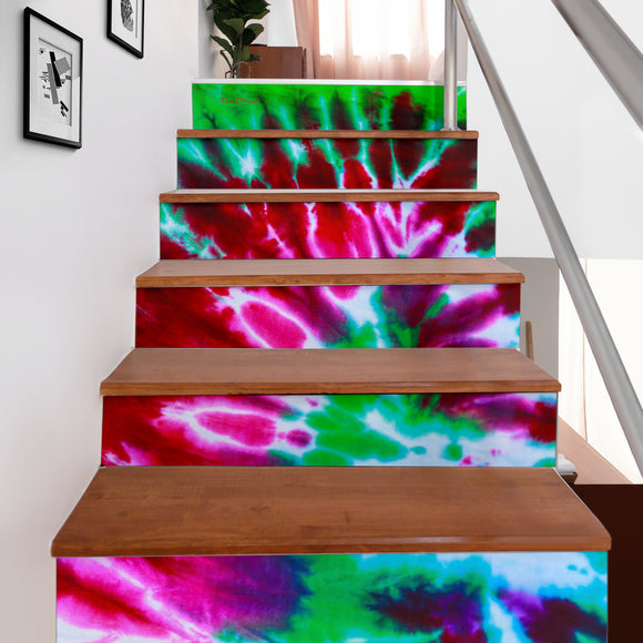 Luxury Neon Green & Wild Red Color Tie Dye Design Stair Stickers ( Set of 6 )