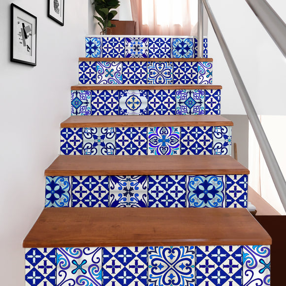 Luxurious Home Decor Blue & White Mandala Mosaic Style Stair Stickers (Set of 6)