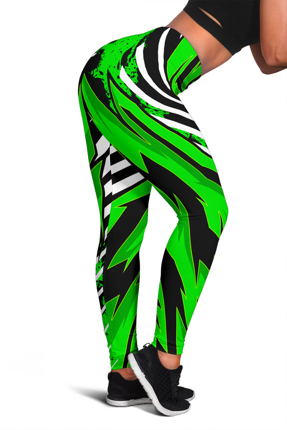 Racing Style Funky Green & White Stripes Vibes Women's Leggings
