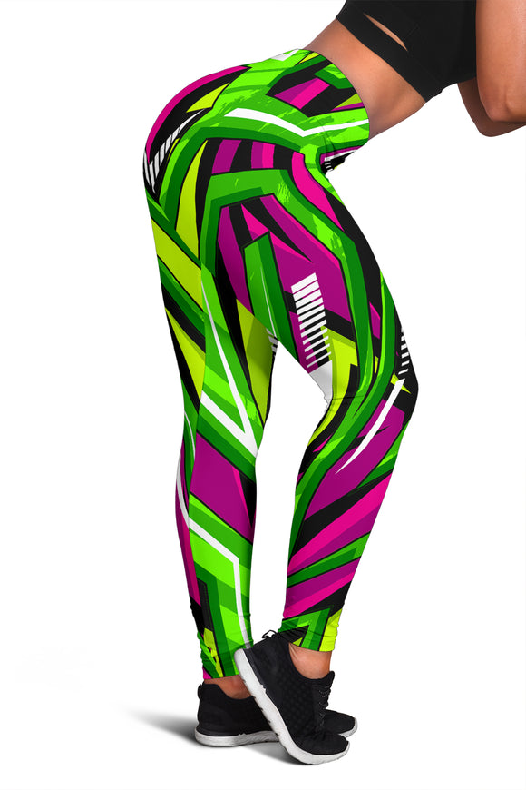 Racing Style Neon Green & Pink Vibes Women's Leggings