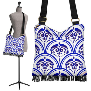 Amazing Traditional White & Blue Ornaments Vibes Two Crossbody Boho Handbag