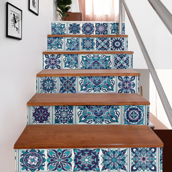 Luxurious Home Decor Rare Blue Mandala Mosaic Style Stair Stickers (Set of 6)