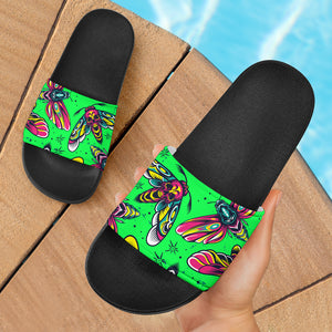 Neon Green Design With Cartoon Moth Slide Sandals