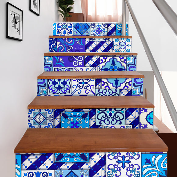 Luxurious Home Decor White & Blue Mandala Mosaic Style Stair Stickers (Set of 6)