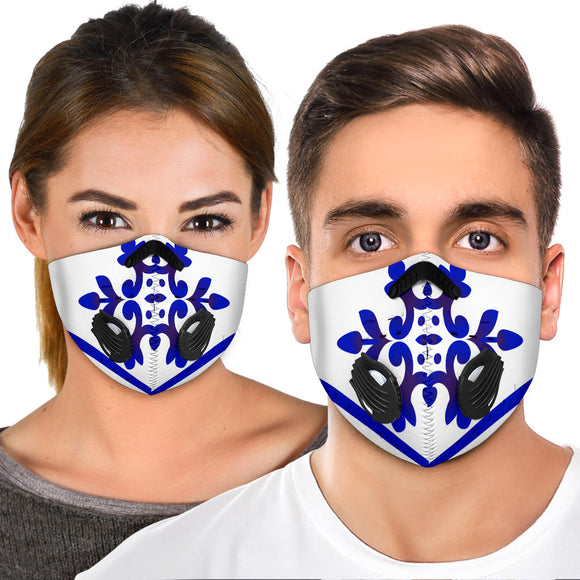 White & Blue Traditional Mandala Design Three Premium Protection Face Mask