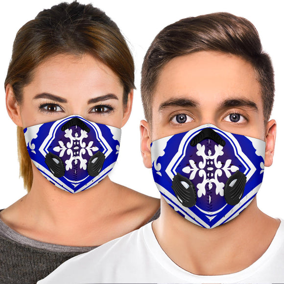 White & Blue Traditional Mandala Design Four Premium Protection Face Mask