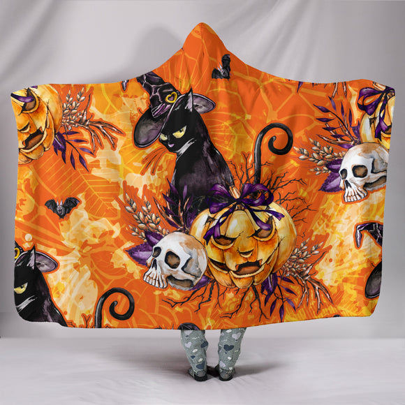 Black Cat Halloween Premium Hooded Blanket