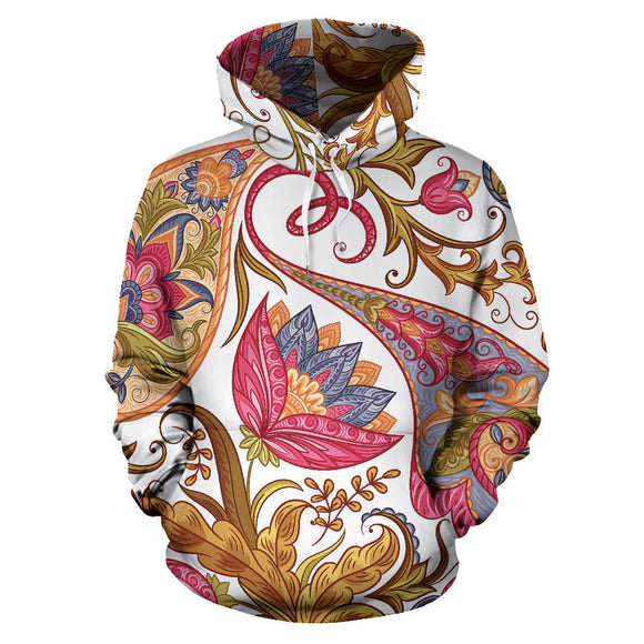 White & Pink Paisley Pattern All Over Hoodie
