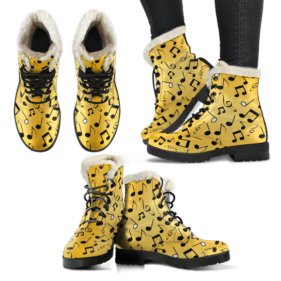 Yellow Music Notes Design Faux Fur Leather Boots