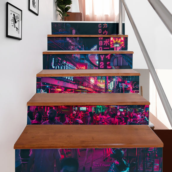 Futuristic Street Neon Vision In City Life Stair Stickers (Set of 6)