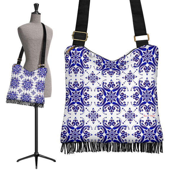 Amazing Traditional White & Blue Ornaments Vibes Three Crossbody Boho Handbag