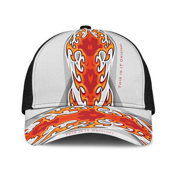 Racing Style White & Flame Design Art Mesh Back Cap