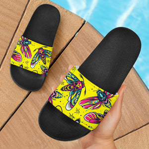 Neon Yellow Design With Cartoon Moth Slide Sandals