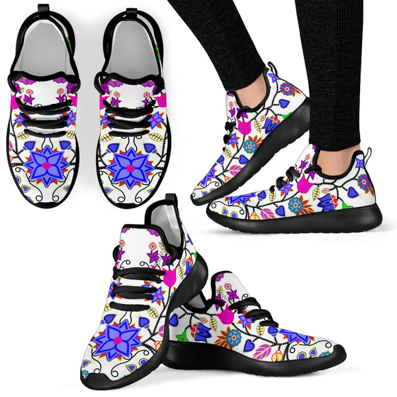 Floral Beadwork Seven Clans White Mesh Knit Sneakers