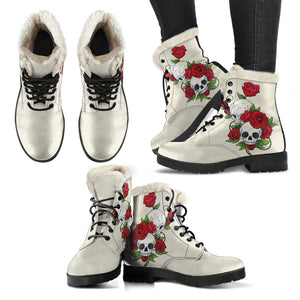 Skull Couple Red Roses Faux Fur Leather Boots