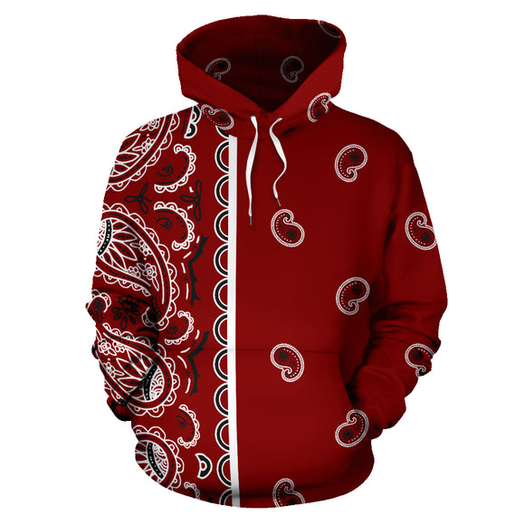 Maroon Red and White Asymmetrical Bandana Style All Over Hoodie