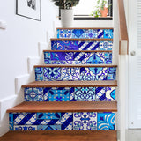 Luxurious Home Decor White & Blue Mandala Mosaic Style Stair Stickers (Set of 6)