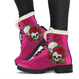 Skull Couple Pink Roses Faux Fur Leather Boots