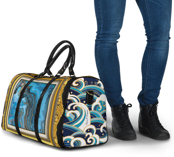 Luxury Japan Wave X Blue Marble Art in Gold Frame Design Travel Bag