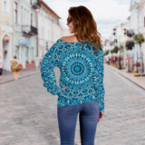 Sky Blue Mandala Women's Off Shoulder Sweater