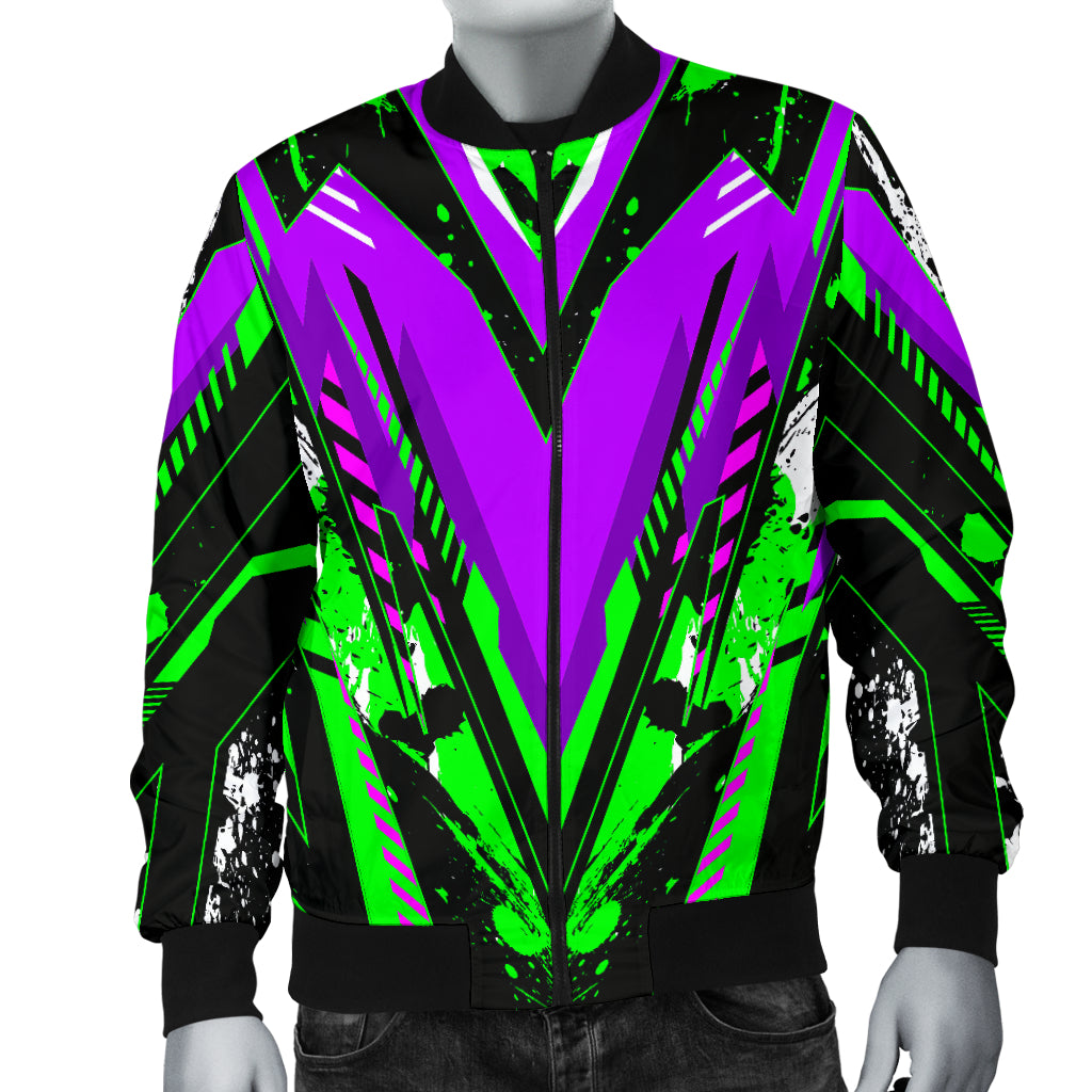Racing Style Violet & Neon Green Stripes Vibes Men's Bomber Jacket ...