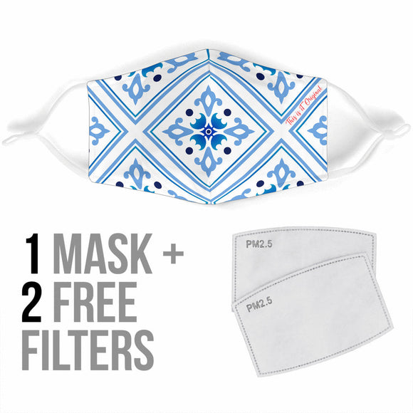 White & Light Blue Ornamental Design Protection Face Mask