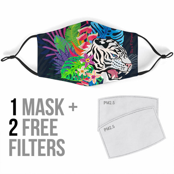 Dark Blue Tropical Design With White Angry Tiger Protection Face Mask