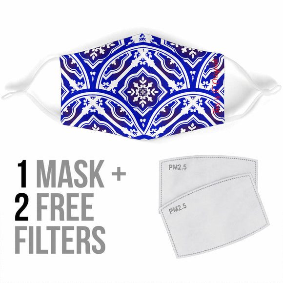 White & Blue Traditional Mandala Design Two Protection Face Mask